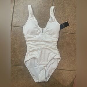 Ralph Lauren White One Piece Swimsuit with Elegant Ruching